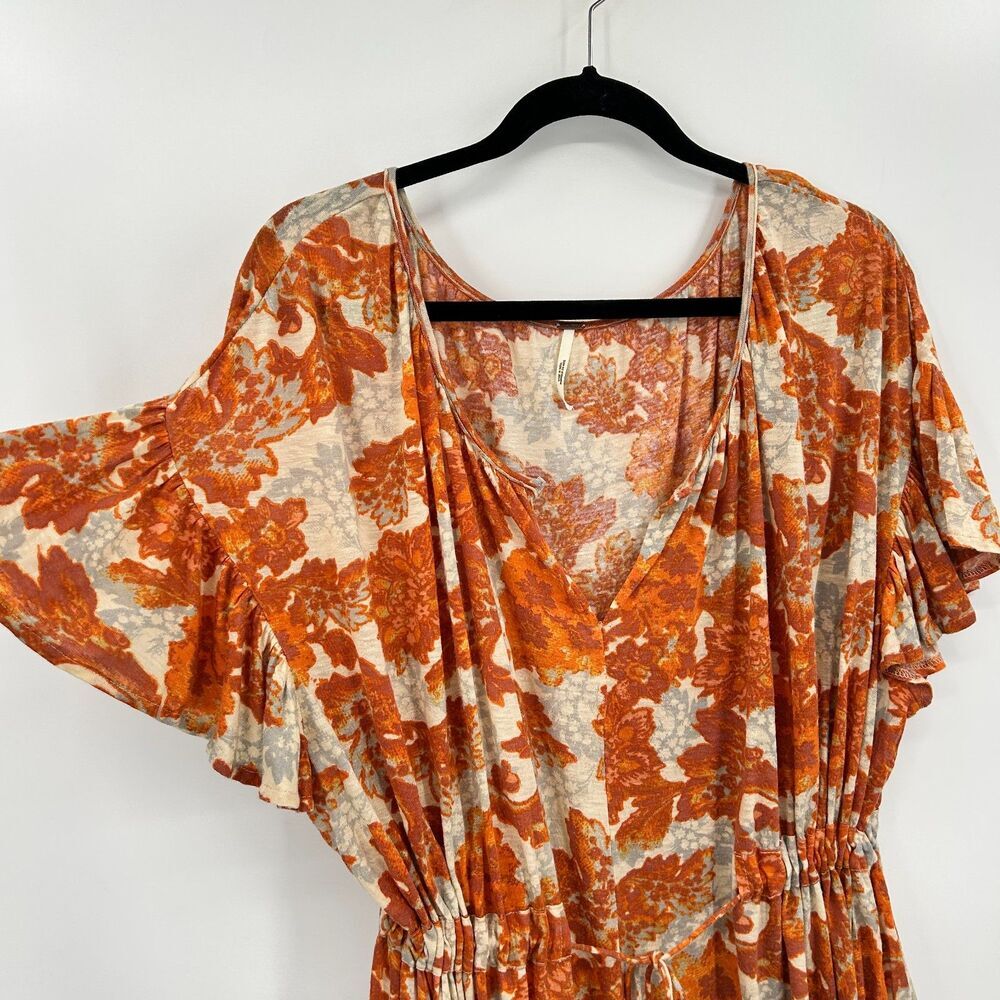 FREE PEOPLE Orange Beige Floral Flutter Sleeve Waist Tie V-Neck Blouse Top Small - Picture 4 of 7